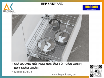 Giá xoong nồi inox nan âm tủ - gắn cánh, Ray giảm chấn Eurogold - EG6175 - 750mm - Inox 201 mạ crom